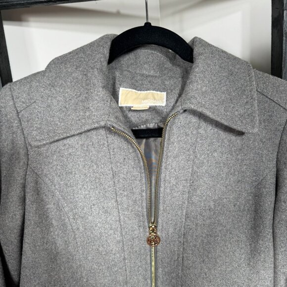 Michael Kors Gray Wool Blend Zip-Up Coat with Gold Hardware - Picture 3 of 12